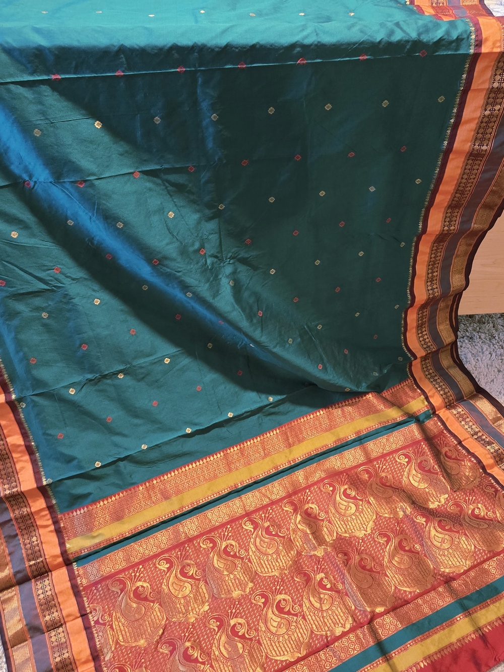 Beautiful DeepEmerald Green& Maroon zariBorder Pure Narayanpet Silk Sari &Blouse